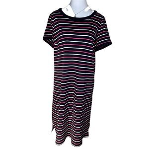 Talbots Navy Pink White Striped Cotton T-Shirt Dress Medium ID2726 Spring